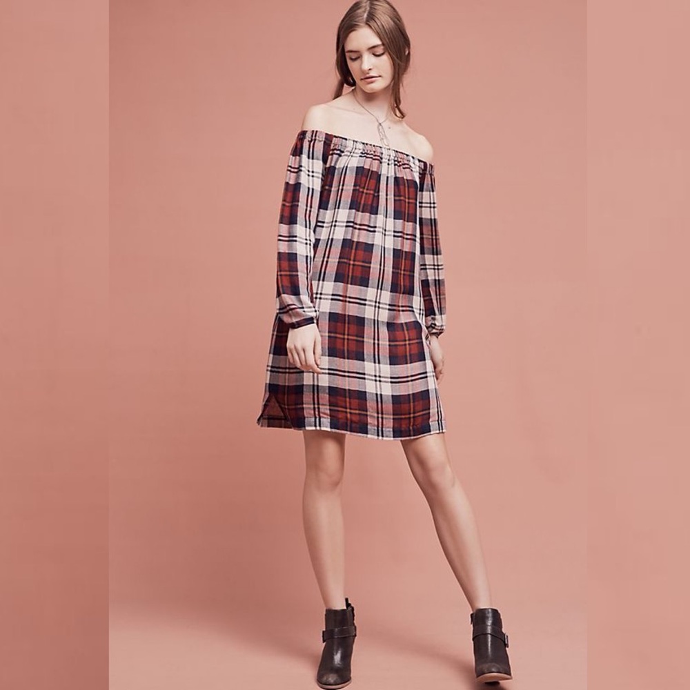 ANTHROPOLOGIE Cloth & Stone Plaid Off-The-Shoulder Tunic Dress